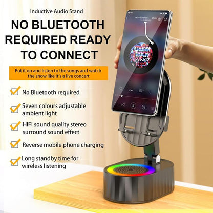 5‑in‑1 Induction Speaker with Phone Stand – Wireless Bluetooth Audio + Colorful LED Light (Black)