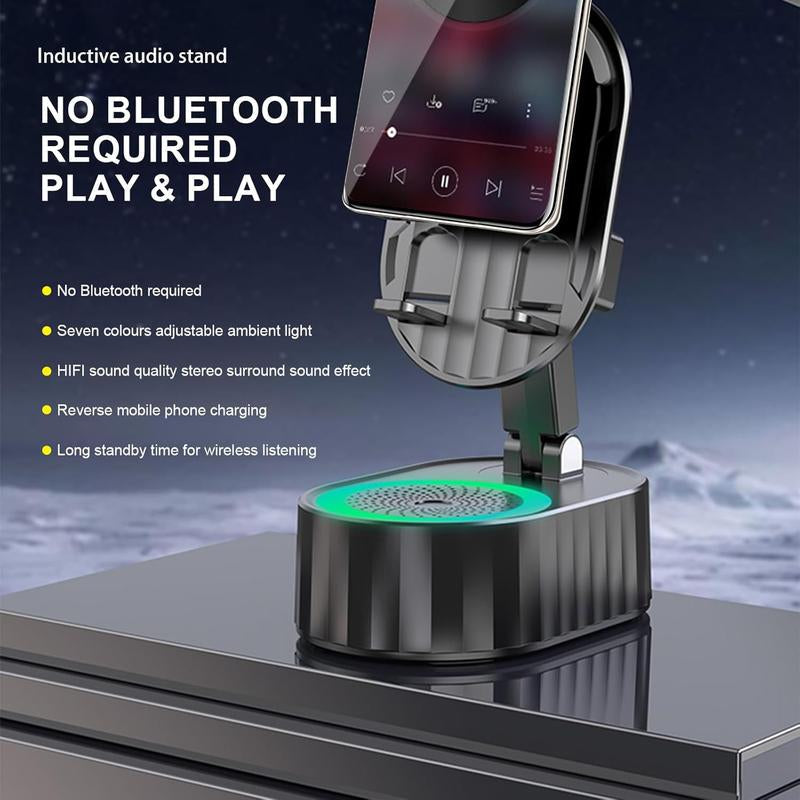 5‑in‑1 Induction Speaker with Phone Stand – Wireless Bluetooth Audio + Colorful LED Light (Black)