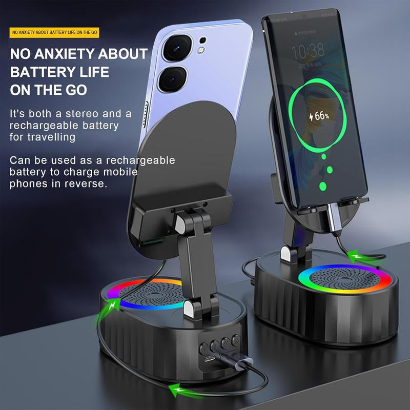 5‑in‑1 Induction Speaker with Phone Stand – Wireless Bluetooth Audio + Colorful LED Light (Black)