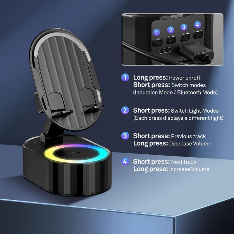5‑in‑1 Induction Speaker with Phone Stand – Wireless Bluetooth Audio + Colorful LED Light (Black)